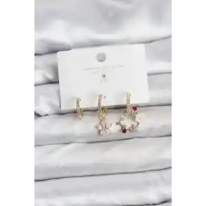 Çiçek Model Gold Renk Pirinç 3lü Kadın Küpe Seti