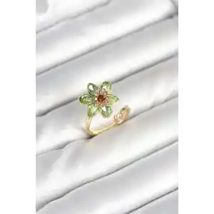 Çiçek Model Yeşil Pirinç Gold Renk Yüzük