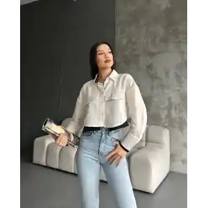 Çift renkli kısa gömlek krem s4021