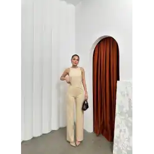 Cırtlı pantolon krep bej pt