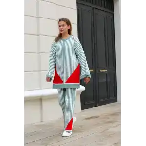 Çizgili bisiklet yaka triko takım Mint