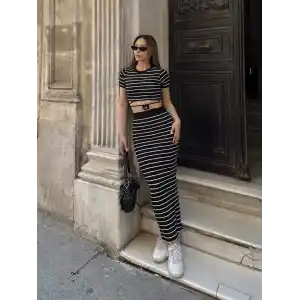 Çizgili etekli takım siyah s3609