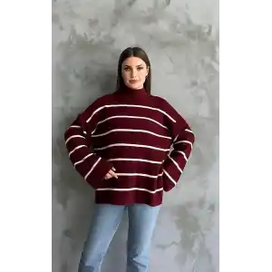 Çizgili ispanyol kol triko boğazlı kazak bordo elf