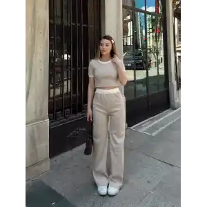 Crop pantolon biyeli takım bej