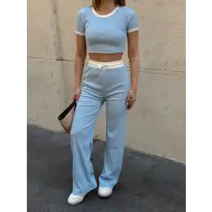 Crop pantolon biyeli takım mavi