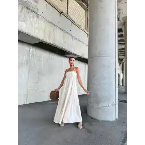 Dantelli askılı keten elbise s4310