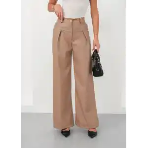 Deri geniş paça beli lastikli pantolon bej h263644