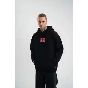 Double Oversize Kapşonlu Dijital Patchli SweatShirt - Siyah