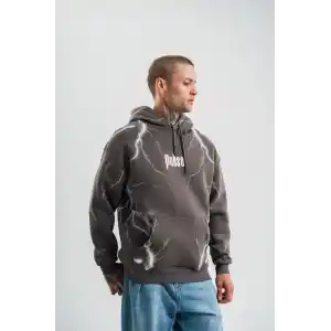 Double Oversize Kapşonlu Şimşek Pano Baskılı SweatShirt - Füme
