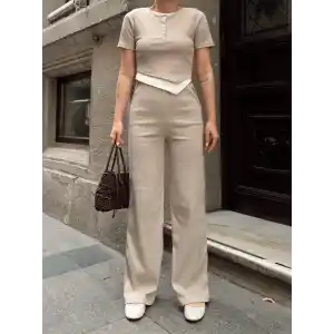 Düğme yakalı bej alt üst takım s3943