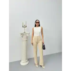 Düğmeli Palazzo pantolon bej p170091