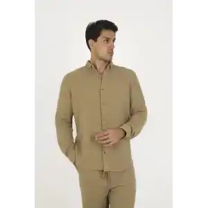 Düğmeli Tam Kalıp Uzun Kol Jakar Gömlek - Kahverengi