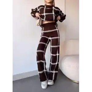 Ekoseli triko takım kahvebeyaz