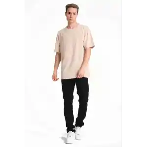 Erkek 24/1 Düz A Kalite Oversize T-shirt - Bej