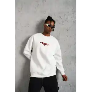 Erkek 3 İplik Gangster Baskılı Sweatshirt - Beyaz
