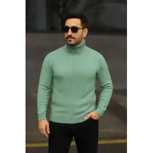 Erkek Balıkcı Yaka Bağazlı Triko Kazak Pamuklu Kalın Fitilli Dokuma, Regular Fit Uzun Kollu Kışlık Model - Mint Yeşili
