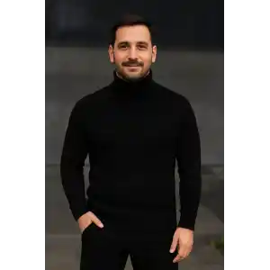 Erkek Balıkcı Yaka Bağazlı Triko Kazak Pamuklu Kalın Fitilli Dokuma, Regular Fit Uzun Kollu Kışlık Model - Siyah