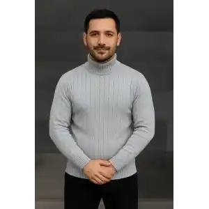 Erkek Balıkcı Yaka Bağazlı Triko Kazak Pamuklu Kalın Fitilli Dokuma, Regular Fit Uzun Kollu Kışlık Model - Gri