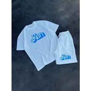 Erkek Baskılı İkili Şort Takım - Beyaz