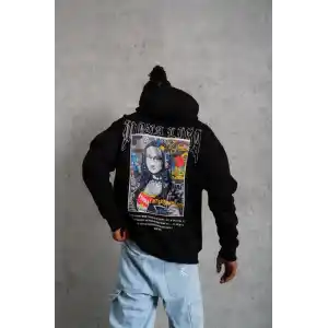 Erkek Baskılı Kapüşonlu ve Kanguru Cepli Sweat - Siyah