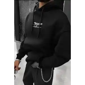 Erkek Baskılı Kapüşonlu ve Kordon İpli Sweat - Siyah