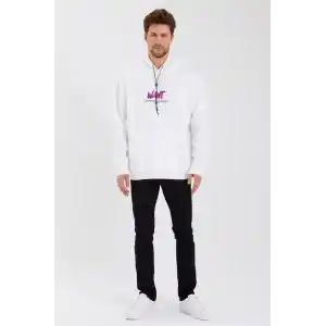 Erkek Baskılı Üç İplik Kapüşonlu Oversize Sweatshirt - Beyaz