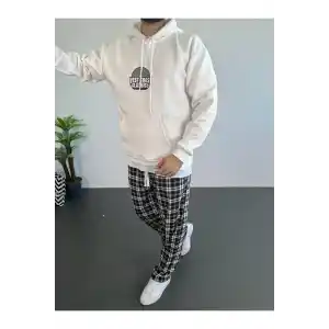 Erkek Baskılı Üç İplik Kapüşonlu Oversize Sweatshirt - Beyaz