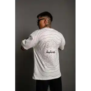 Erkek Bisiklet Yakalı Sırt Baskılı Oversize T-Shirt - Beyaz