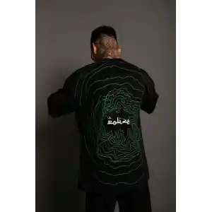 Erkek Bisiklet Yakalı Sırt Baskılı Oversize T-Shirt - Siyah