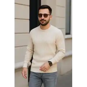 Erkek Bisiklet Yuvarlak Yaka Triko Kazak Pamuklu Kalın Fitilli Dokuma, Regular Fit Uzun Kollu Kışlık Model - Bej