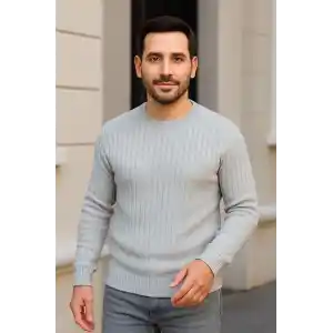 Erkek Bisiklet Yuvarlak Yaka Triko Kazak Pamuklu Kalın Fitilli Dokuma, Regular Fit Uzun Kollu Kışlık Model - Gri