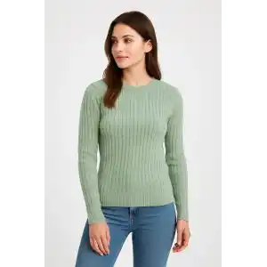 Erkek Bisiklet Yuvarlak Yaka Triko Kazak Pamuklu Kalın Fitilli Dokuma, Regular Fit Uzun Kollu Kışlık Model - Mint Yeşili