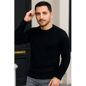 Erkek Bisiklet Yuvarlak Yaka Triko Kazak Pamuklu Kalın Fitilli Dokuma, Regular Fit Uzun Kollu Kışlık Model - Siyah