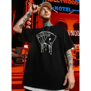 erkek büyük beden Kart baskılı düz renk kısa kollu bisiklet yaka tişört gündelik giyim - Siyah