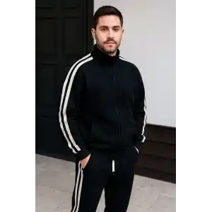 Erkek Çift Şeritli Eşofman Takım Dik Yaka Fermuarlı Sweatshirt Boru Paça Alt, Oversize 3 iplik Pamuklu - Siyah