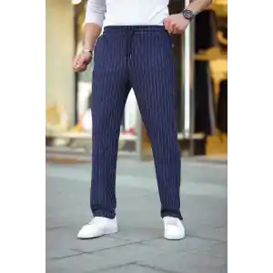 Erkek Cizgili Dokuma Krep Jogger Buggy Pantalon Rahat kalıp - Lacivert