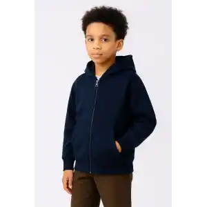 Erkek Çocuk Kapüşonlu Kanguru Çepli Tam Fermuarlı Hırka SweatShirt - Lacivert