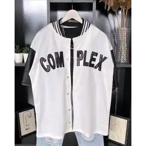 Erkek Complex Kolları Deri Kolej Oversize T-Shirt - Beyaz