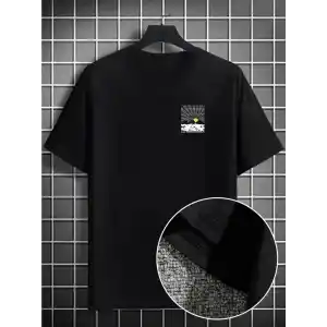 Erkek Dağ Grafikli Tişört, Yaz için Büyük Beden Rahat T-shirt - Siyah