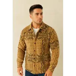 Erkek Desenli Düğmeli Polar Gömlek – Hardal Paisley Desen Yakalı, Uzun Kollu, Oversize Rahat Kalıp - Sarı