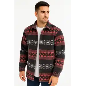 Erkek Desenli Polar Gömlek – Etnik Şerit Desen Yakalı, Uzun Kollu, Düğmeli, Oversize Rahat Kalıp - Füme