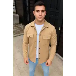 Erkek Diagonal Kumaş Cepli Çıtçıtlı uzun Kollu, Gömlek Oversize Rahat Kalıp Günlük Şık Stil - Bej
