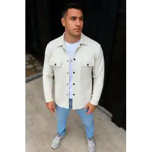 Erkek Diagonal Kumaş Cepli Çıtçıtlı uzun Kollu, Gömlek Oversize Rahat Kalıp Günlük Şık Stil - Beyaz