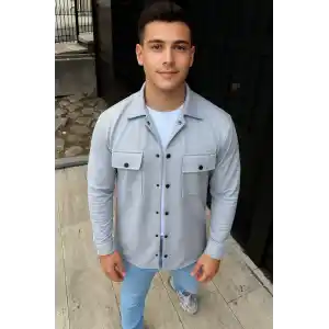Erkek Diagonal Kumaş Cepli Çıtçıtlı uzun Kollu, Gömlek Oversize Rahat Kalıp Günlük Şık Stil - Gri