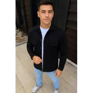 Erkek Diagonal Kumaş Cepli Çıtçıtlı uzun Kollu, Gömlek Oversize Rahat Kalıp Günlük Şık Stil - Siyah