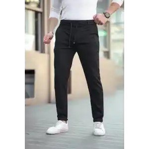 Erkek Diagonel Mikro dokulu Cepli Beli Lastilki Pantolon - Siyah