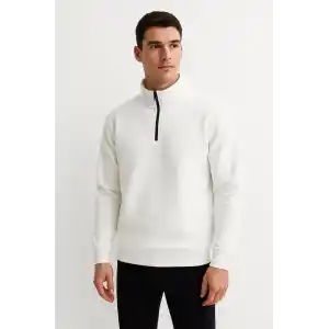 Erkek Dik Yaka Sweatshirt Dik Yaka Yarım Fermuarlı 3 İplik Şardonlu Pamuk Kumaş - Beyaz