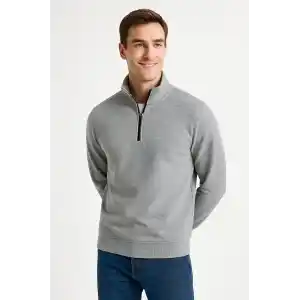 Erkek Dik Yaka Sweatshirt Dik Yaka Yarım Fermuarlı 3 İplik Şardonlu Pamuk Kumaş - Gri