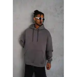 Erkek Düz Kapüşonlu Sweat - Gri