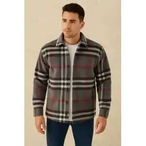 Erkek Ekose Desenli Düğmeli Polar Yakalı Uzun Kollu Gömlek Oversize Rahat Kalıp - Füme